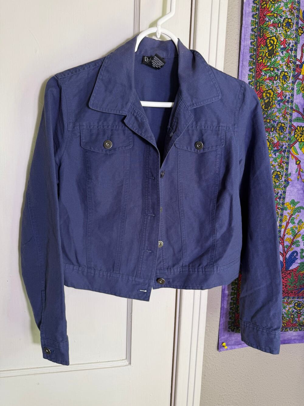 Rafaella Petites 6P Blue Linen Cotton Cropped Jacket Button Front Utility
